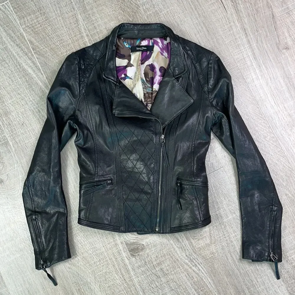 IZZAT BABA NEW YORK Women's Black Cross Zip Front Leather Jacket